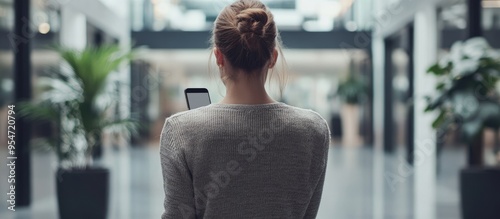 Back view of an unidentified female employee sending text messages on her mobile phone with a black screen set against the blurred backdrop of a contemporary workspace. with copy space image