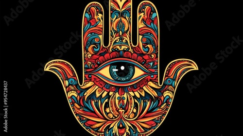 An artful representation of a hamsa hand adorned with a central eye and surrounded by detailed, colorful patterns, symbolizing protection, and cultural significance.