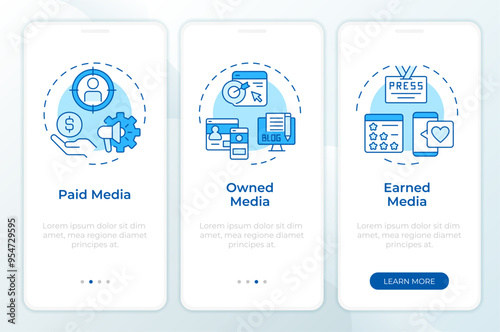 Digital media trifecta blue onboarding mobile app screen. Walkthrough 3 steps editable graphic instructions with linear concepts. UI, UX, GUI template. Montserrat SemiBold, Regular fonts used