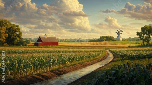 Scenic rural landscape with a red barn, windmill, and cornfields under a cloudy sky, captured in the serene countryside.