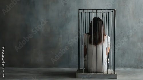 A somber scene of a woman sitting alone in a small cage against a dark, textured background, symbolizing feelings of entrapment, isolation, and despair