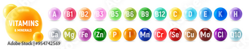 Set of Multivitamin and Minerals supplement 3d vector icons. A, B1, B2, B3, B5, B6, B9, B12, C, D, E, K, H, Fe, I, Ca, Cl, Mg, Mn, Mo, Cu, Se, Cr, Zn, P, Q10. Essential vitamin and mineral complex