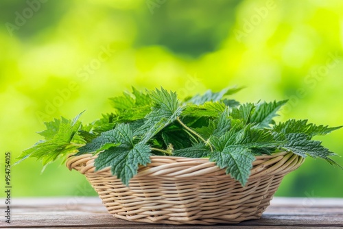 A basket of fresh stinging nettle leaves sits on a wooden table