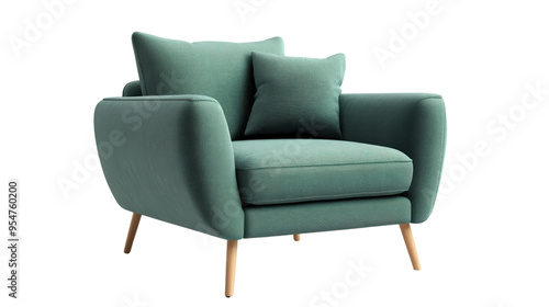 A stylish and comfortable turquoise armchair with wooden legs, perfect for relaxing in any modern living room. 