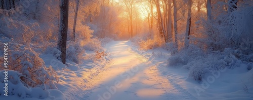 Snow-covered trails at dusk, with the last light of the day casting a warm glow on the frosty path, creating a serene winter scene, Serene, Warm Tones, Wide Angle