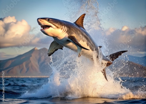 a photo image of a massive great white shark leaping out of the ocean's surface in a powerful breach