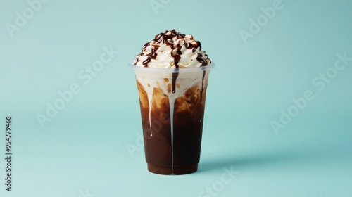 Blue background, cream, and chocolate ice are served in a plastic cup for a frappuccino coffee.