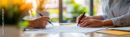 Hands reviewing an appraisal report with a mortgage agent, close-up of key details Property assessment, loan processing