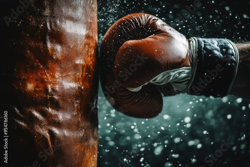 Close up of a boxers hand in a boxing glove hitting a punching bag.