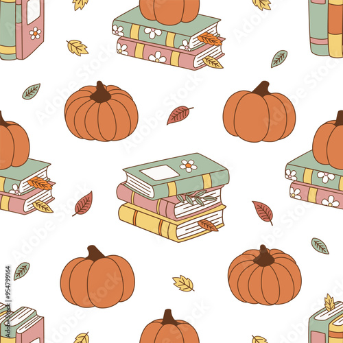 seamless pattern with cute pumpkin, books