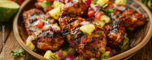 Spicy jerk chicken with pineapple salsa, 4K hyperrealistic photo