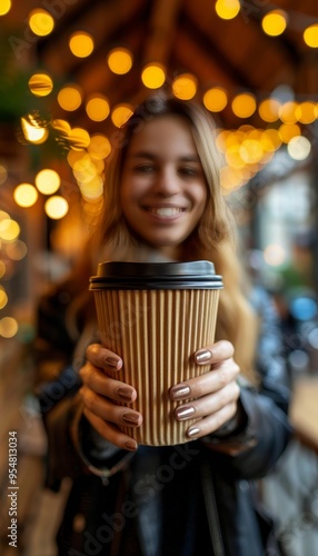 Woman Holding Takeaway Coffee Cup at Festive Christmas Market with Golden Bokeh Lights