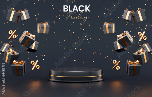 Black Friday banner background with a podium platform surrounded by black and gold floating gifts on a dark scene for product stand in 3D illustration