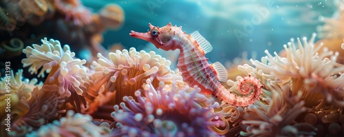 Tiny seahorse swimming among sea anemones, 4K hyperrealistic photo