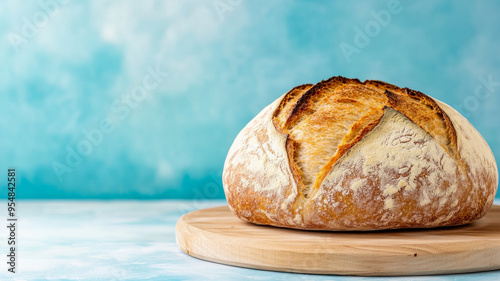 Freshly baked sourdough bread with a crispy crust on a wooden board farm market stall background 