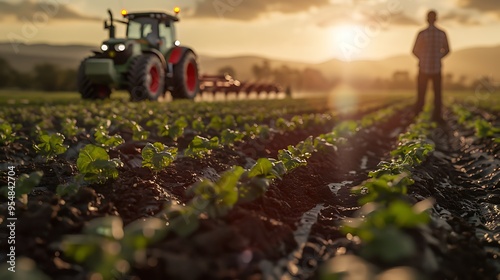 A detailed shot of a farmer standing next to a robotic tractor as it plants seeds in a large, open field. The scene highlights the collaboration between human expertise and robotic precision,