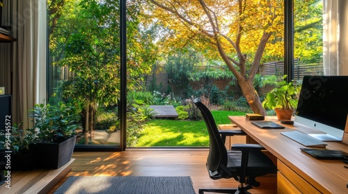 Work-life balance portrayed through a cozy home office and a relaxing garden view