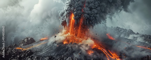 A dramatic volcanic eruption spewing lava and ash into the air, 4K hyperrealistic photo