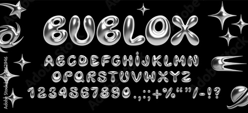 3D chrome balloon bubble font in Y2K style. Realistic shiny silver inflated letters, numbers, and symbols with liquid metal effect for modern retro typography, banners, posters, and digital design