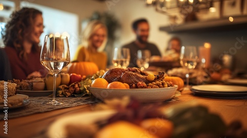 A modern Thanksgiving celebration in an urban apartment, with friends gathered around a table set with a mix of contemporary and traditional decor, enjoying a variety of global dishes