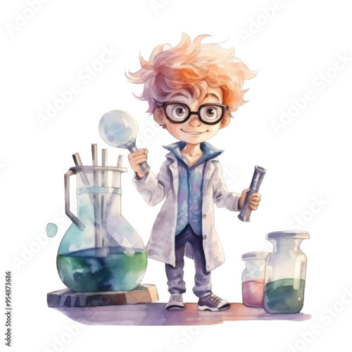 A Young Boy Dressed as a Scientist Holds a Beaker and a Test Tube