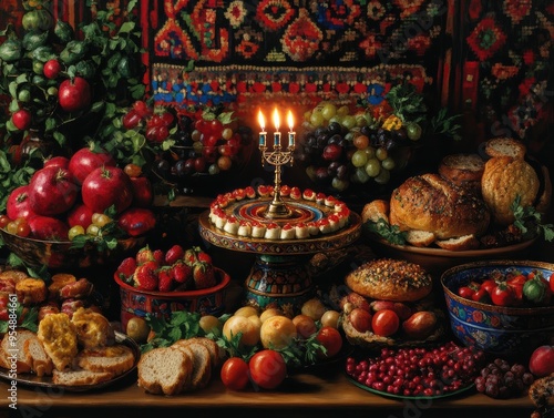 A glowing menorah illuminates a richly decorated table filled with a variety of foods and vibrant fruits, creating a warm and festive ambiance.