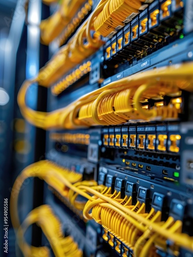 Close-up of server rack with yellow ethernet cables and illuminated network hardware.