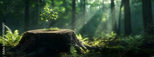 A small tree growing from the top of an old, cut-down stump in a forest clearing, symbolizing new life and growth