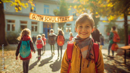 Kind geht auf Schule zu unter "Guten Schulstart" Banner.