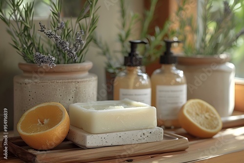 a soap and lemons on a table. 