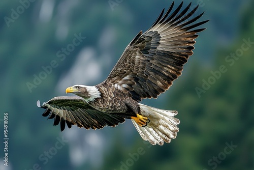 Bald Eagle in Flight with Spread Wings against a Green Blurred Background