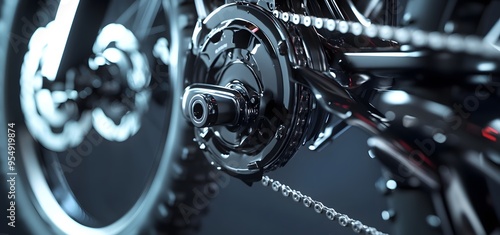 Close-up of a Shiny Black Mountain Bike's Rear Derailleur and Chain