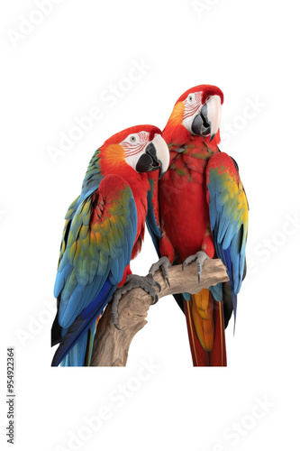 Two scarlet macaws perched on a branch. Ideal for nature-themed designs, tropical concepts, and animal