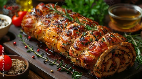 Roasted turkey roulade with herbs and spices on a wooden board.