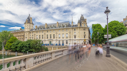 Building of Cour de cassation and traffic on Saint-Michel bridge timelapse hyperlapse in Paris, France