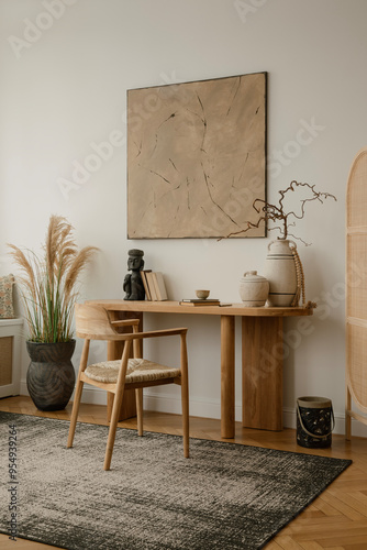 Natural wood desk paired with a stylish chair and minimalist decor, ideal for creating a peaceful workspace at home