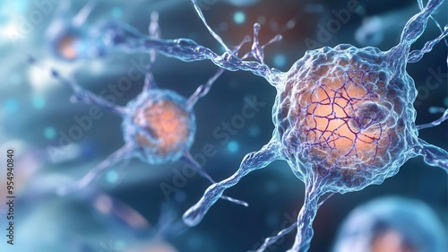 Artistic microscopic image of cell membranes interacting, showing complex networks of lipids and proteins, dynamic visualization