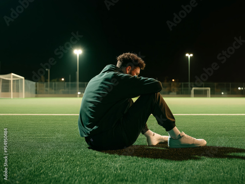 Pensive Man Sitting Alone on Empty Soccer Field at Night