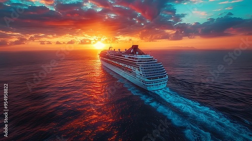 A cruise ship sails through the ocean at sunset, with a fiery sky and calm water.