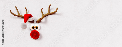 Cute Reindeer with red nose and Santa hat on white Christmas background 3D Rendering, 3D Illustration