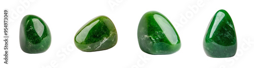 A collection of polished green jade gemstones isolated on a transparent background, perfect for jewelry design or Chinese New Year concept