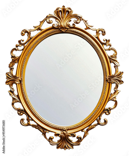 Elegant ornate gold mirror displayed isolated on transparent background