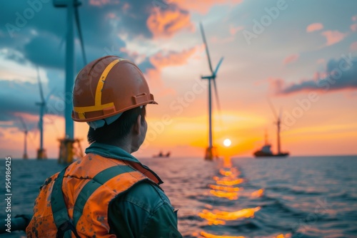 A construction worker is part of a team building wind turbines at sea to harness wind energy