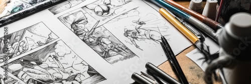 A closeup reveals a comic book under development, with pencil sketches and inked panels spread across a workspace filled with art supplies and tools