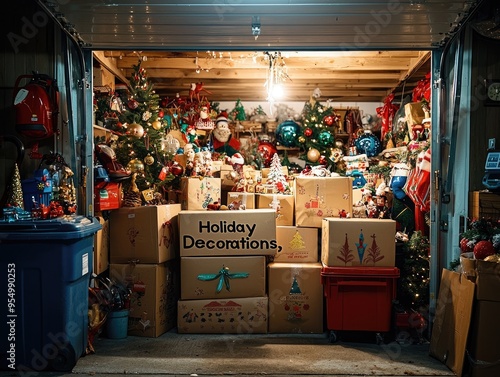 A cluttered garage filled with labeled boxes of holiday decorations and memories