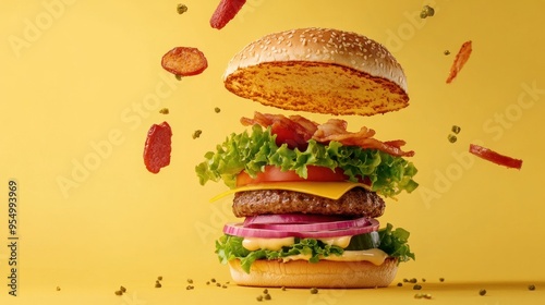 Juicy Burger with Toppings in Mid-Air