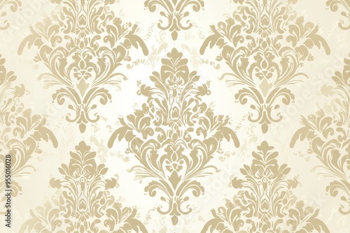 A classic damask pattern in a subdued shade of cream on a pale gold background, radiating timeless elegance