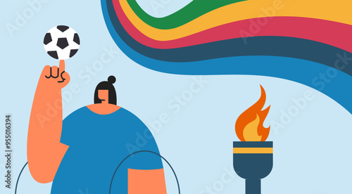 Sports athletic Paralympian Girl in a wheelchair with ball and torch for fire. Sport Games 2024. Flat vector illustration.