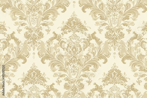 A classic damask pattern in a subdued shade of cream on a pale gold background, radiating timeless elegance