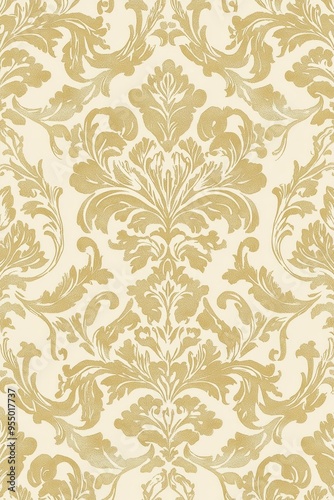 A classic damask pattern in a subdued shade of cream on a pale gold background, radiating timeless elegance